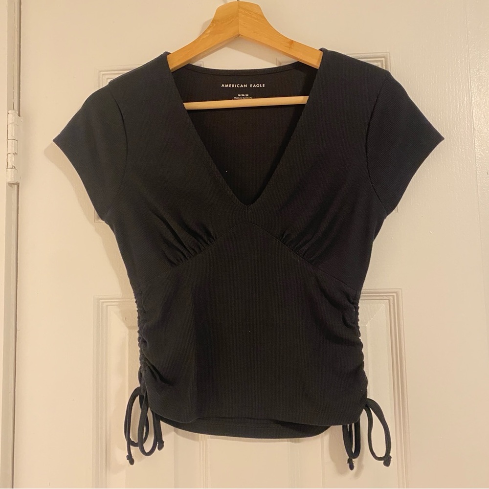 American Eagle Outfitters Black Ruched Short Sleeve Top